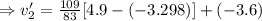 \Rightarrow v'_2=\frac{109}{83}[4.9-(-3.298)]+(-3.6)