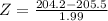 Z = \frac{204.2 - 205.5}{1.99}