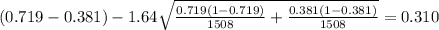 (0.719-0.381) - 1.64 \sqrt{\frac{0.719(1-0.719)}{1508} +\frac{0.381(1-0.381)}{1508}}=0.310