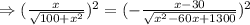 \Rightarrow( \frac {x}{\sqrt{100+x^2}})^2=(- \frac{x-30}{\sqrt {x^2-60x+1300}})^2