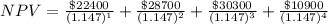 NPV= \frac{\$ 22400}{(1.147)^{1} }+\frac{\$ 28700}{(1.147)^{2}}+\frac{\$ 30300}{(1.147)^{3}}+ \frac{\$ 10900}{(1.147)^{4}}