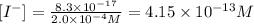 [I^-]=\frac{8.3\times 10^{-17}}{2.0\times 10^{-4} M}=4.15\times 10^{-13} M