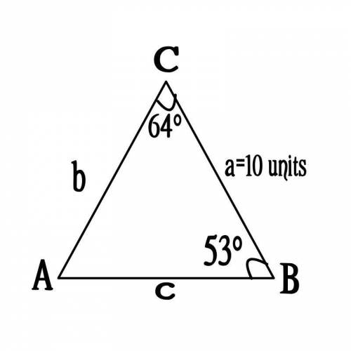 Solve the triangle. Triangle A B C has a vertex angle labeled C that measures 64 degrees, a base ang