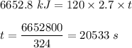 6652.8\ kJ=120\times 2.7\times t\\\\t=\dfrac{6652800}{324}=20533\ s
