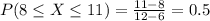 P(8 \leq X \leq 11) = \frac{11-8}{12-6} = 0.5