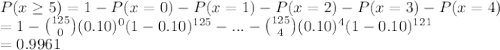 P(x \geq 5) = 1- P(x = 0) - P(x = 1)-P(x = 2) - P(x = 3) - P(x = 4) \\= 1-\binom{125}{0}(0.10)^0(1-0.10)^{125} -...-\binom{125}{4}(0.10)^4(1-0.10)^{121}\\=0.9961