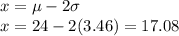x = \mu - 2\sigma\\x = 24 - 2(3.46) = 17.08