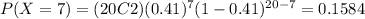 P(X=7)=(20C2)(0.41)^7 (1-0.41)^{20-7}=0.1584