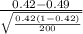 \frac{0.42 -0.49}{\sqrt{\frac{0.42(1- 0.42)}{200} } }
