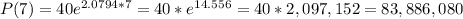 P(7)=40e^{2.0794*7}=40*e^{14.556}=40*2,097,152=83,886,080