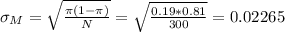\sigma_M=\sqrt{\frac{\pi(1-\pi)}{N} }=\sqrt{\frac{0.19*0.81}{300} }=0.02265