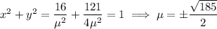 x^2+y^2=\dfrac{16}{\mu^2}+\dfrac{121}{4\mu^2}=1\implies\mu=\pm\dfrac{\sqrt{185}}2