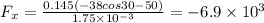 F_x=\frac{0.145(-38cos30-50)}{1.75\times 10^{-3}}=-6.9\times 10^3
