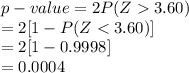 p-value=2P(Z3.60)\\=2[1-P(Z