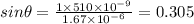 sin\theta=\frac{1\times 510\times 10^{-9}}{1.67\times 10^{-6}}=0.305
