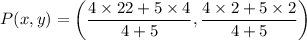 $P(x, y)=\left(\frac{4\times 22 + 5\times 4}{4+5}, \frac{4\times 2 + 5\times 2}{4+5}\right)