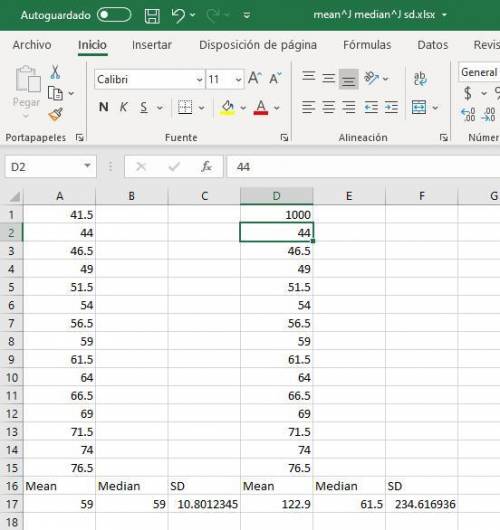 Create a data set of 15 numbers where the mean and median are both 59 and the standard deviation is