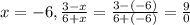 x=-6, \frac{3-x}{6+x} = \frac{3-(-6)}{6+(-6)}=\frac{9}{0}