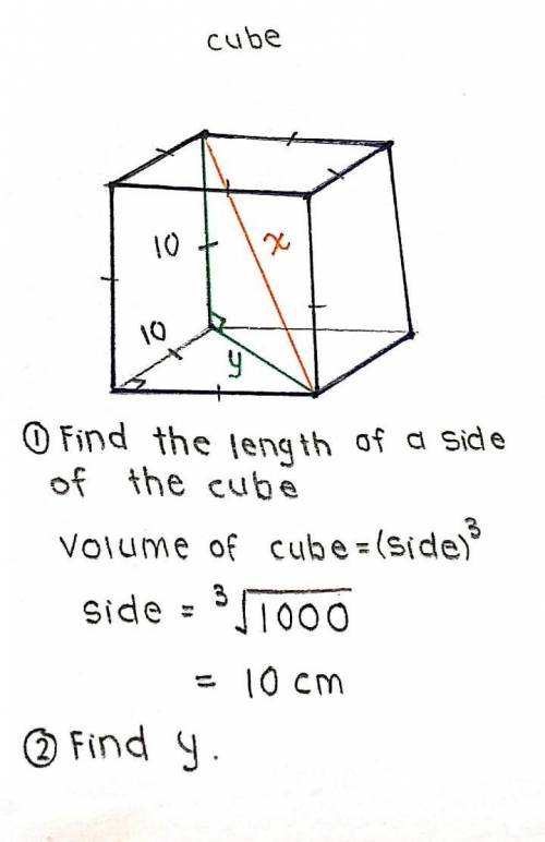 If the cube shown has a volume of 1,000 cm3, what is the length of the diagonal, x, of the cube? (ro