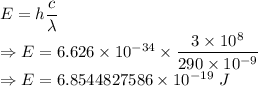 E=h\dfrac{c}{\lambda}\\\Rightarrow E=6.626\times 10^{-34}\times \dfrac{3\times 10^{8}}{290\times 10^{-9}}\\\Rightarrow E=6.8544827586\times 10^{-19}\ J