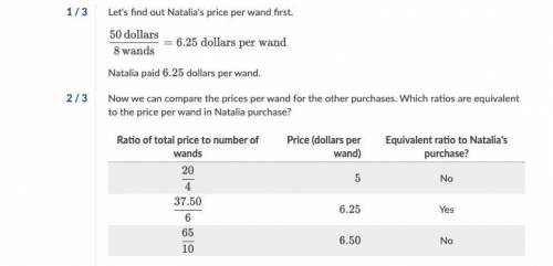 Natalia bought 888 glitter wands for \$50$50dollar sign, 50. Determine whether or not each wand purc