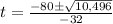 t=\frac{-80\pm\sqrt{10,496}} {-32}