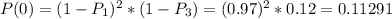 P(0)=(1-P_1)^2*(1-P_3)=(0.97)^2*0.12=0.11291