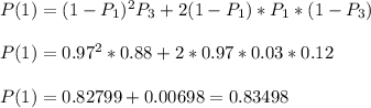 P(1)=(1-P_1)^2P_3+2(1-P_1)*P_1*(1-P_3)\\\\P(1)=0.97^2*0.88+2*0.97*0.03*0.12\\\\P(1)=0.82799+0.00698=0.83498