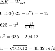 \Delta K=W_{net}\\\\0.153(625-u^2)=-45\\\\625-u^2=\frac{-45}{0.153}\\\\u^2=625+294.12\\\\u=\sqrt{919.12}=30.32\ m/s