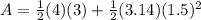 A=\frac{1}{2}(4)(3)+\frac{1}{2}(3.14)(1.5)^{2}