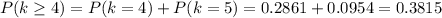 P(k\geq4)=P(k=4)+P(k=5)=0.2861+0.0954=0.3815