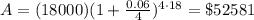 A=(18000)(1+\frac{0.06}{4})^{4\cdot 18}=\$52581
