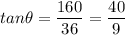 \displaystyle tan\theta=\frac{160}{36}=\frac{40}{9}