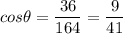 \displaystyle cos\theta=\frac{36}{164}=\frac{9}{41}
