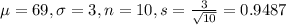 \mu = 69, \sigma = 3, n = 10, s = \frac{3}{\sqrt{10}} = 0.9487