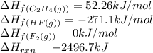 \Delta H_f_{(C_2H_4(g))}=52.26kJ/mol\\\Delta H_f_{(HF(g))}=-271.1kJ/mol\\\Delta H_f_{(F_2(g))}=0kJ/mol\\\Delta H_{rxn}=-2496.7kJ