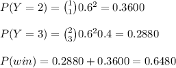 P(Y=2)={1\choose 1}0.6^2=0.3600\\\\P(Y=3)={2\choose3}0.6^20.4=0.2880\\\\P(win)=0.2880+0.3600=0.6480