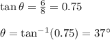 \tan\theta=\frac{6}{8}=0.75\\\\\theta=\tan^{-1}(0.75)=37\°