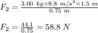 F_2=\frac{3.00\ kg\times 9.8\ m/s^2\times 1.5\ m}{0.75\ m}\\\\F_2=\frac{44.1}{0.75}=58.8\ N