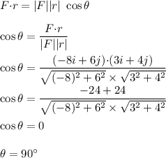 F{\cdot} r=|F||r|\ \cos\theta\\\\\cos\theta=\dfrac{F{\cdot} r}{|F| |r|}\\\\\cos\theta=\dfrac{(-8i+6j){\cdot} (3i+4j)}{\sqrt{(-8)^2+6^2} \times \sqrt{3^2+4^2} }\\\\\cos\theta=\dfrac{-24+24}{\sqrt{(-8)^2+6^2} \times \sqrt{3^2+4^2} }\\\\\cos\theta=0\\\\\theta=90^{\circ}