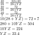 \frac{40}{28}=\frac{32+40}{28+YZ}\\\frac{40}{28}=\frac{72}{28+YZ}\\\frac{10}{7}=\frac{72}{28+YZ}\\10(28+YZ)=72*7\\280+10YZ=504\\10YZ=224\\YZ=22.4