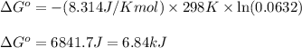 \Delta G^o=-(8.314J/Kmol)\times 298K\times \ln (0.0632)\\\\\Delta G^o=6841.7J=6.84kJ