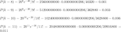 P(k=8) = 20^8e^{-20}/8!=25600000000 \cdot 0.00000000206/40320=0.001\\\\P(k=9) = 20^9e^{-20}/9!=512000000000 \cdot 0.00000000206/362880=0.003\\\\P(k=10) = 20^{10}e^{-20}/10!=10240000000000 \cdot 0.00000000206/3628800=0.006\\\\P(k=11) = 20^{11}e^{-20}/11!=204800000000000 \cdot 0.00000000206/39916800=0.011\\\\