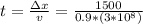 t=\frac{\Delta x}{v}=\frac{1500}{0.9*(3*10^{8})}
