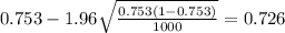 0.753 - 1.96\sqrt{\frac{0.753(1-0.753)}{1000}}=0.726