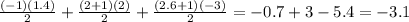 \frac{(-1)(1.4)}{2} + \frac{(2+1)(2)}{2} + \frac{(2.6+1)(-3)}{2} = -0.7 + 3 -5.4 = -3.1