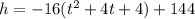 h=-16(t^{2}+4 t+4)+144