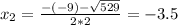 x_{2} = \frac{-(-9) - \sqrt{529}}{2*2} = -3.5