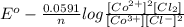 E^{o} - \frac{0.0591}{n} log \frac{[Co^{2+}]^{2}[Cl_{2}]}{[Co^{3+}][Cl^{-}]^{2}}