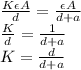 \frac{K\epsilon A}{d} = \frac{\epsilon A}{d+a}\\\frac{K}{d} = \frac{1}{d+a} \\K = \frac{d}{d+a}